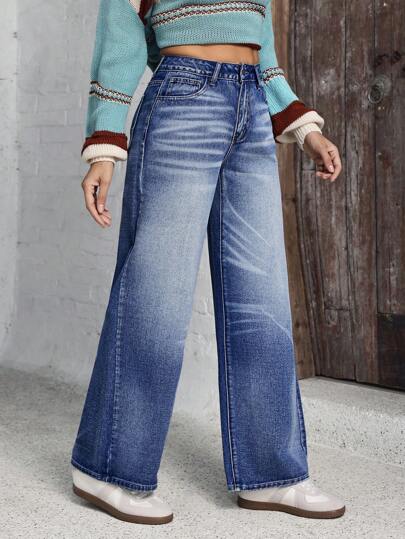 SHEIN LUNE جينز سيدات بساق مستقيمة، غسيل عتيق، أنيق