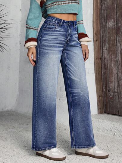 SHEIN LUNE جينز سيدات بساق مستقيمة، غسيل عتيق، أنيق