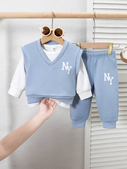 SHEIN Playful Pals طقم ملابس أطفال بنين ب- 3 قطع ل- الخريف / الشتاء: ملابس علوية كم طويل طباعة نيويورك بنمط كوليدج + بنطلون لون سادة ذو طباعة