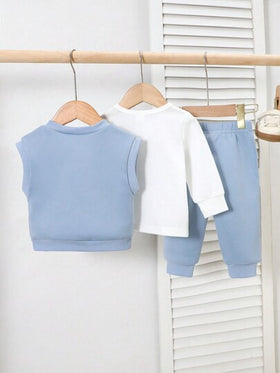 SHEIN Playful Pals طقم ملابس أطفال بنين ب- 3 قطع ل- الخريف / الشتاء: ملابس علوية كم طويل طباعة نيويورك بنمط كوليدج + بنطلون لون سادة ذو طباعة