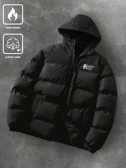 Manfinity Homme معطف كاجوال للرجال بطباعة حرفية لوني مبطن بقلنسوة, الشتاء, معطف شتوي للرجال, لون كتلة إضافة لاصوفي معطف شتوي دافئ