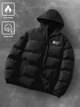 Manfinity Homme معطف كاجوال للرجال بطباعة حرفية لوني مبطن بقلنسوة, الشتاء, معطف شتوي للرجال, لون كتلة إضافة لاصوفي معطف شتوي دافئ