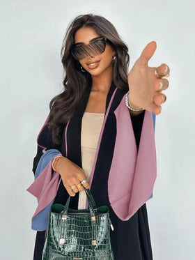 عباءة طويلة الأكمام كاجوال بطراز عتيق مزينة بتريم متباين ، عباءة محتشمة