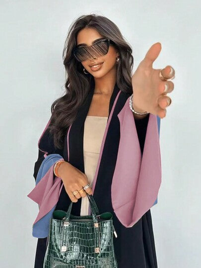 عباءة طويلة الأكمام كاجوال بطراز عتيق مزينة بتريم متباين ، عباءة محتشمة