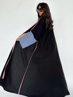 عباءة طويلة الأكمام كاجوال بطراز عتيق مزينة بتريم متباين ، عباءة محتشمة