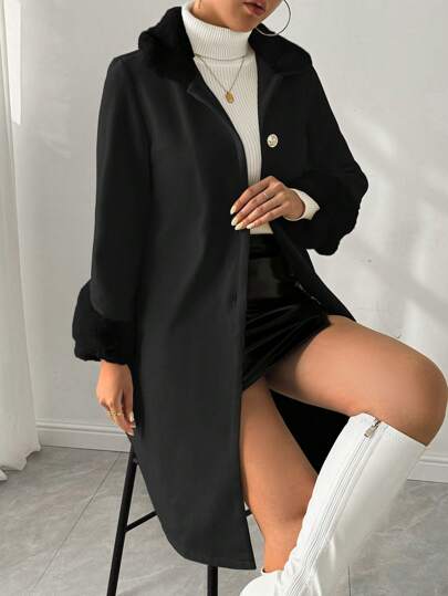 Almamuse معطف طويل نسائي كاجوال ذو يقة فضفاضة من قطع متنوعة، أزرار أمامية فردية، مناسب للخريف/الشتاء