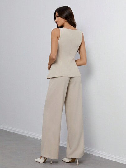 SHEIN Tall بذلة رسمية أنيقة للسيدات من سترة وبنطلون ذات لون واحد بياقة مستديرة وأزرار فردي، مناسبة للخروجات والعمل، ملابس صيف وخريف للنساء من قطعتين، ملابس رسمية عمل غير رسمية للمكتب، بدلة نسائية, مجموعة بليزر نسائية