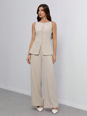 SHEIN Tall بذلة رسمية أنيقة للسيدات من سترة وبنطلون ذات لون واحد بياقة مستديرة وأزرار فردي، مناسبة للخروجات والعمل، ملابس صيف وخريف للنساء من قطعتين، ملابس رسمية عمل غير رسمية للمكتب، بدلة نسائية, مجموعة بليزر نسائية