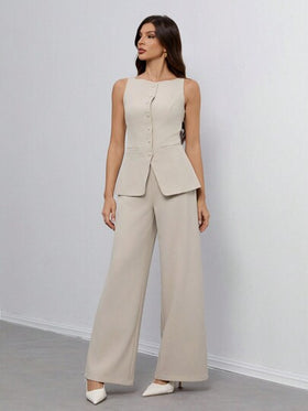 SHEIN Tall بذلة رسمية أنيقة للسيدات من سترة وبنطلون ذات لون واحد بياقة مستديرة وأزرار فردي، مناسبة للخروجات والعمل، ملابس صيف وخريف للنساء من قطعتين، ملابس رسمية عمل غير رسمية للمكتب، بدلة نسائية, مجموعة بليزر نسائية