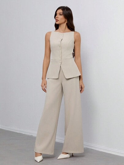SHEIN Tall بذلة رسمية أنيقة للسيدات من سترة وبنطلون ذات لون واحد بياقة مستديرة وأزرار فردي، مناسبة للخروجات والعمل، ملابس صيف وخريف للنساء من قطعتين، ملابس رسمية عمل غير رسمية للمكتب، بدلة نسائية, مجموعة بليزر نسائية