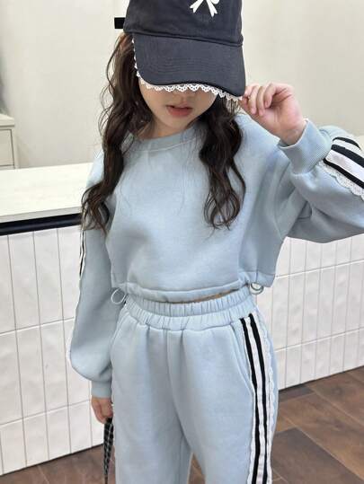 girls-sets DAZY 2 قطعة / مجموعة بذلة رياضية كاجوال للفتيات مكونة من بلوزة بياقة مستديرة وأكمام طويلة بطول متوسط وسروال رياضي، مناسبة للخريف والشتاء