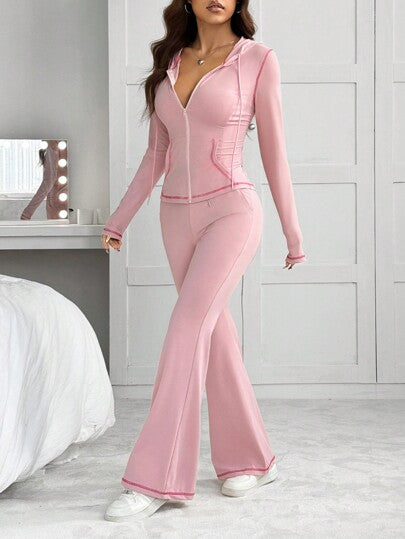 طقم حريمي قطعتين EZwear مجموعة جاكيت برقبة كابوشون مخصرة مع بنطال ذو أرجل متسعة تصميم جديد للنساء للرياضة والتمرين
