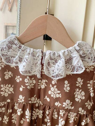 فستان أطفال Blossori فستان صغيرات صبايا أنيق بياقة مكشكشة منسوج بطبعات زهرية بنية، مناسب للخريف/الشتاء