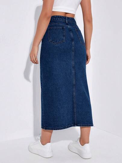 EZwear تنورة جينز طويلة سبليت بجيوب للنساء