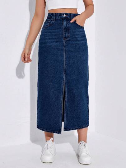 EZwear تنورة جينز طويلة سبليت بجيوب للنساء