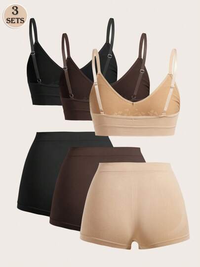 SHEIN 6 قطع مجموعة بنطلون وحمالة نسائية بسيطة، ملابس داخلية كاجوال خالية من الخياطة