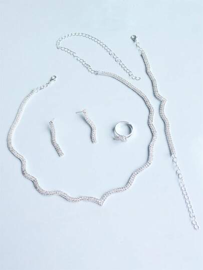 4 قطع مجموعة مجوهرات للمرأة أنيقة مزينة بالكريستال اللامع، قلادة رسمية فاخرة، أقراط، سوار، وخاتم، اكسسوارات عروس