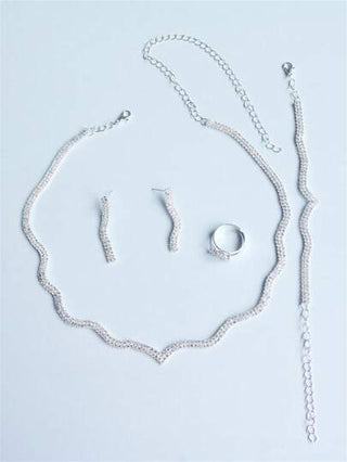 4 قطع مجموعة مجوهرات للمرأة أنيقة مزينة بالكريستال اللامع، قلادة رسمية فاخرة، أقراط، سوار، وخاتم، اكسسوارات عروس