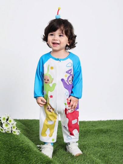 Teletubbies X SHEIN جمبسوت كاجوال عصرية للطفل الصبي بطباعة نجوم ملونة وشخصيات كرتونية، بلون أزرق وأبيض