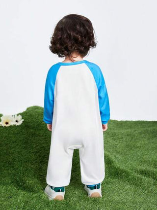Teletubbies X SHEIN جمبسوت كاجوال عصرية للطفل الصبي بطباعة نجوم ملونة وشخصيات كرتونية، بلون أزرق وأبيض