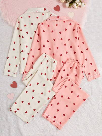 Shein Underwear&Sleepwear Basics 2 قطعة بيجاما نسائية مطبوعة بقلب ملابس علوية ذو أكمام طويلة مع سروال
