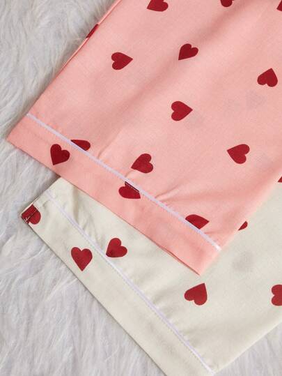 Shein Underwear&Sleepwear Basics 2 قطعة بيجاما نسائية مطبوعة بقلب ملابس علوية ذو أكمام طويلة مع سروال