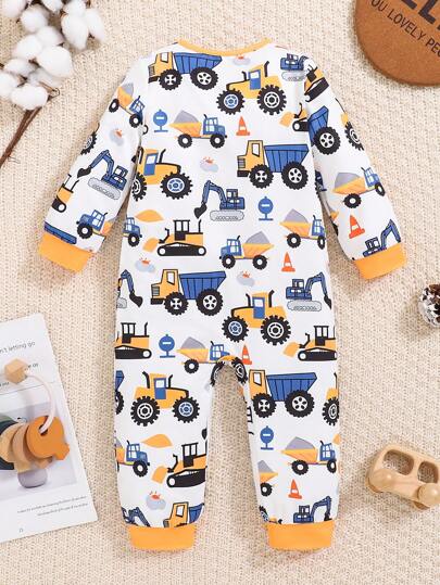 SHEIN Playful Pals قطعة واحدة جمبسوت نوم طويلة الأكمام مريحة للأطفال الصغار مطبوع عليها شاحنة كرتونية لطيفة، مناسبة للخريف والشتاء