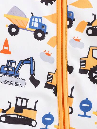 SHEIN Playful Pals قطعة واحدة جمبسوت نوم طويلة الأكمام مريحة للأطفال الصغار مطبوع عليها شاحنة كرتونية لطيفة، مناسبة للخريف والشتاء
