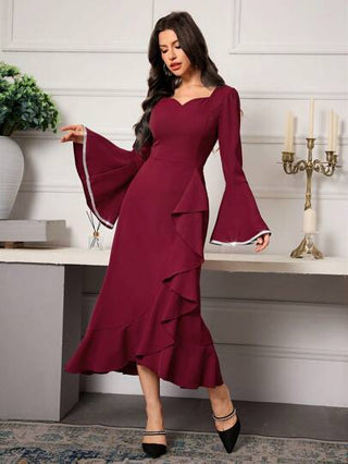 Modelyn فستان سهرة طويل ذو ياقة على شكل قلب وتريم متدرج للنساء، فستان طويل كاجوال أنيق