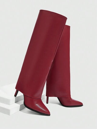 CUCCOO SZL بوت نسائية عالية من الجلد اللامع بطرف مدبب وكعب إبرة باللون البرغندي، كلاسيكية ومتعددة الاستخدامات للعمل والمواعدة والحفلات ، جوّ عيد الميلاد ورأس السنة ، الخريف والشتاء