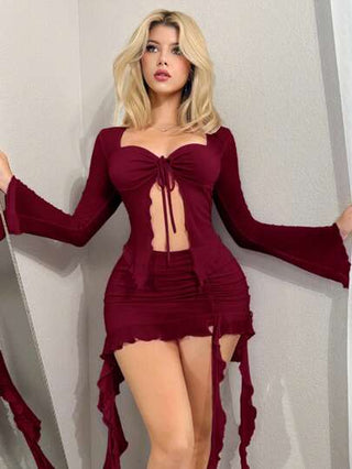 طقم تانكيني حريمي Sweetina بدلة صيفية سيكسي قطعتين تتكون من بلوزة طويلة من الشبك الشفاف مع سترة متوسطة الخصر ذات زخرفة أمواج المحار، تناسب الخروج والسهرات رقيقة مموجة للنساء