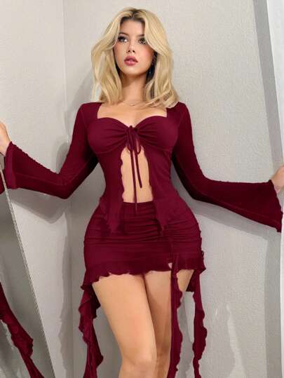 طقم تانكيني حريمي Sweetina بدلة صيفية سيكسي قطعتين تتكون من بلوزة طويلة من الشبك الشفاف مع سترة متوسطة الخصر ذات زخرفة أمواج المحار، تناسب الخروج والسهرات رقيقة مموجة للنساء