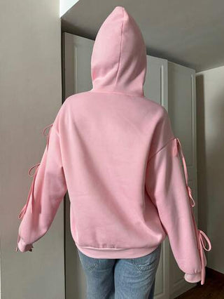 EZwear هوديي ذا لون أحادي بسيط، مزين بفيونكة ورباط للجذب، خريف/شتاء