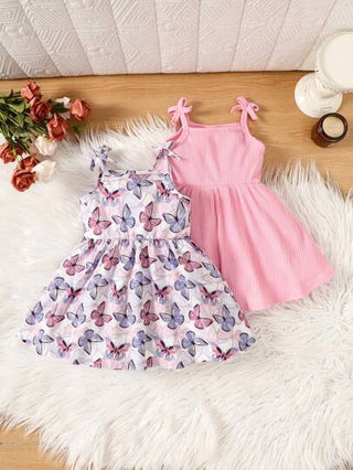 SHEIN مجموعة من 2 قطعة من فستان بناتي كاجوال مزخرف برسومات فراشات خفيفة الحمالات مناسب للربيع و الصيف
