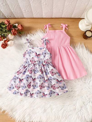 SHEIN مجموعة من 2 قطعة من فستان بناتي كاجوال مزخرف برسومات فراشات خفيفة الحمالات مناسب للربيع و الصيف