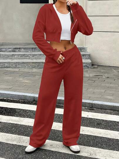 SHEIN EZwear طقم للنساء من البلوزة رياضية المقنعة والبنطال بسحّاب أمامي فضفاض مصنوع من الصوف البرغندي الكاجوال
