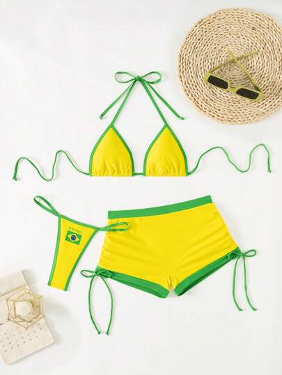 Swim Vcay 3 قطع طقم بيكيني من ملابس السباحة بطباعة حرف البرازيل وألوان متباينة مع شورت رباط للنساء، مناسبة للشواطئ وعطلات الصيف