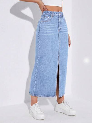 EZwear تنورة جينز لاصقة بجيب متنوعة القابلية للاستخدام واليومية ذات لون واحد