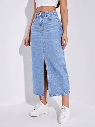 EZwear تنورة جينز لاصقة بجيب متنوعة القابلية للاستخدام واليومية ذات لون واحد