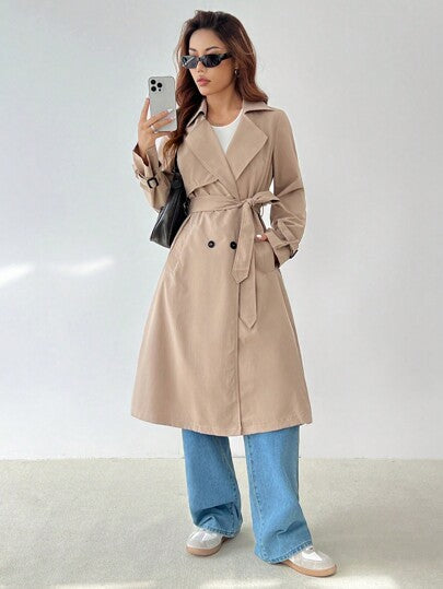 SHEIN PETITE معطف ترينش أنيق طويل الأكمام بخصر مشدود على شكل حرف A، مناسب للخريف والشتاء