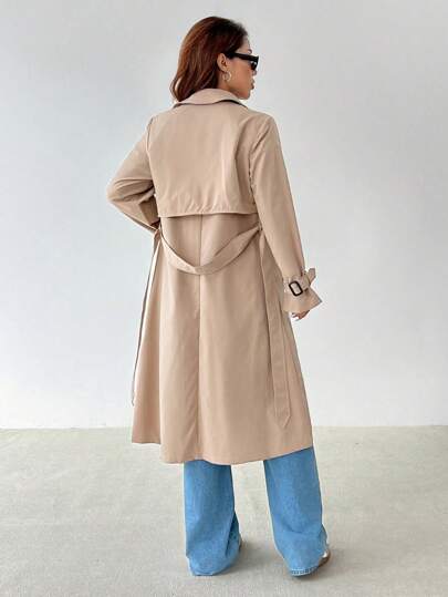 SHEIN PETITE معطف ترينش أنيق طويل الأكمام بخصر مشدود على شكل حرف A، مناسب للخريف والشتاء