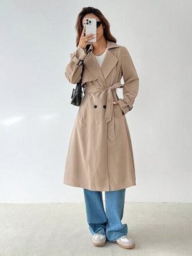 SHEIN PETITE معطف ترينش أنيق طويل الأكمام بخصر مشدود على شكل حرف A، مناسب للخريف والشتاء