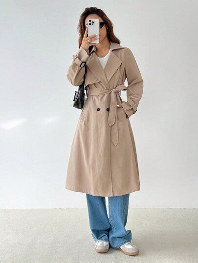 SHEIN PETITE معطف ترينش أنيق طويل الأكمام بخصر مشدود على شكل حرف A، مناسب للخريف والشتاء