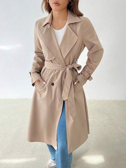 SHEIN PETITE معطف ترينش أنيق طويل الأكمام بخصر مشدود على شكل حرف A، مناسب للخريف والشتاء