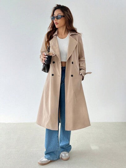 SHEIN PETITE معطف ترينش أنيق طويل الأكمام بخصر مشدود على شكل حرف A، مناسب للخريف والشتاء