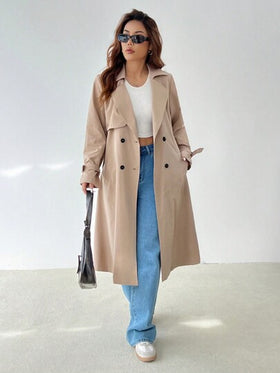 SHEIN PETITE معطف ترينش أنيق طويل الأكمام بخصر مشدود على شكل حرف A، مناسب للخريف والشتاء