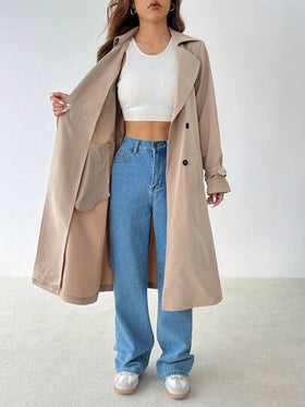 SHEIN PETITE معطف ترينش أنيق طويل الأكمام بخصر مشدود على شكل حرف A، مناسب للخريف والشتاء