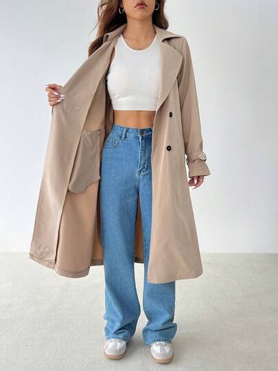 SHEIN PETITE معطف ترينش أنيق طويل الأكمام بخصر مشدود على شكل حرف A، مناسب للخريف والشتاء