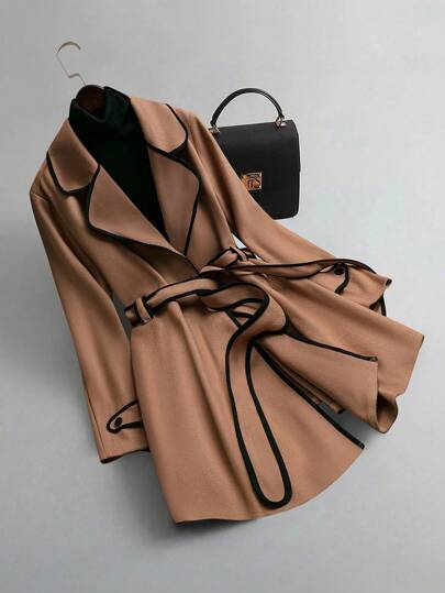 SHEIN Clasi معطف صوفي أنيق طويل الأكمام طوق ياقة للنساء بحجم كبير الخريف الشتاء