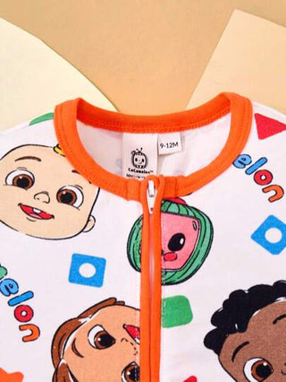 CoComelon X SHEIN جمبسوت كاجوال طويلة الأكمام للأولاد الرضع مطبوعة بنمط البطيخ الأبيض الكاجوال الجميل